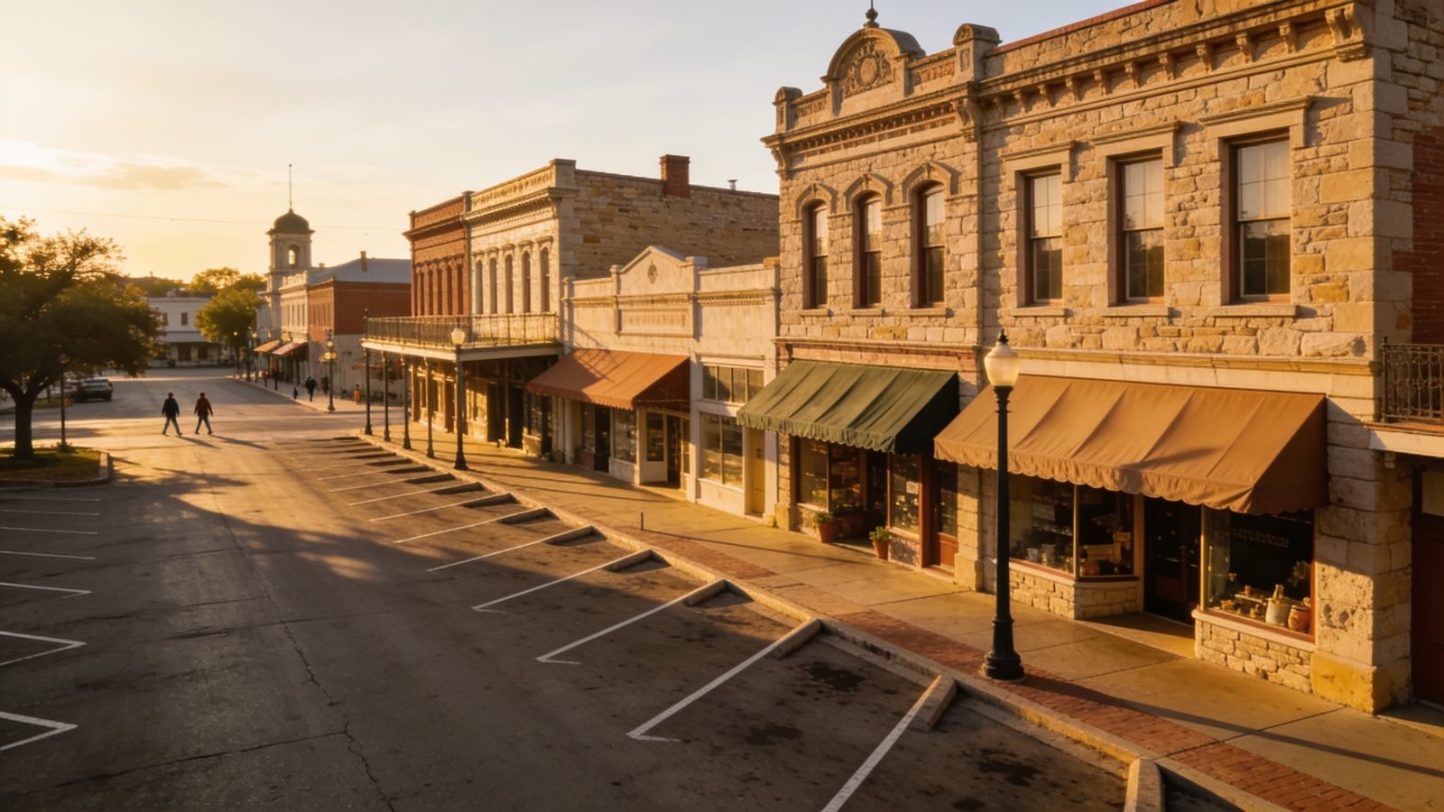 Restored Victorian limestone storefronts on the historic Georgetown, Texas square