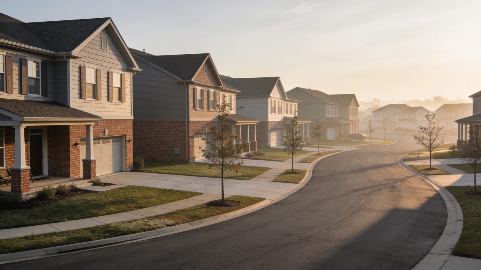 Master-planned suburban street with two-story homes in Pflugerville, Texas
