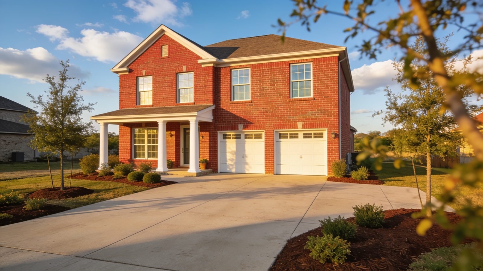 Two-story brick suburban home with attached garage in Round Rock, Texas