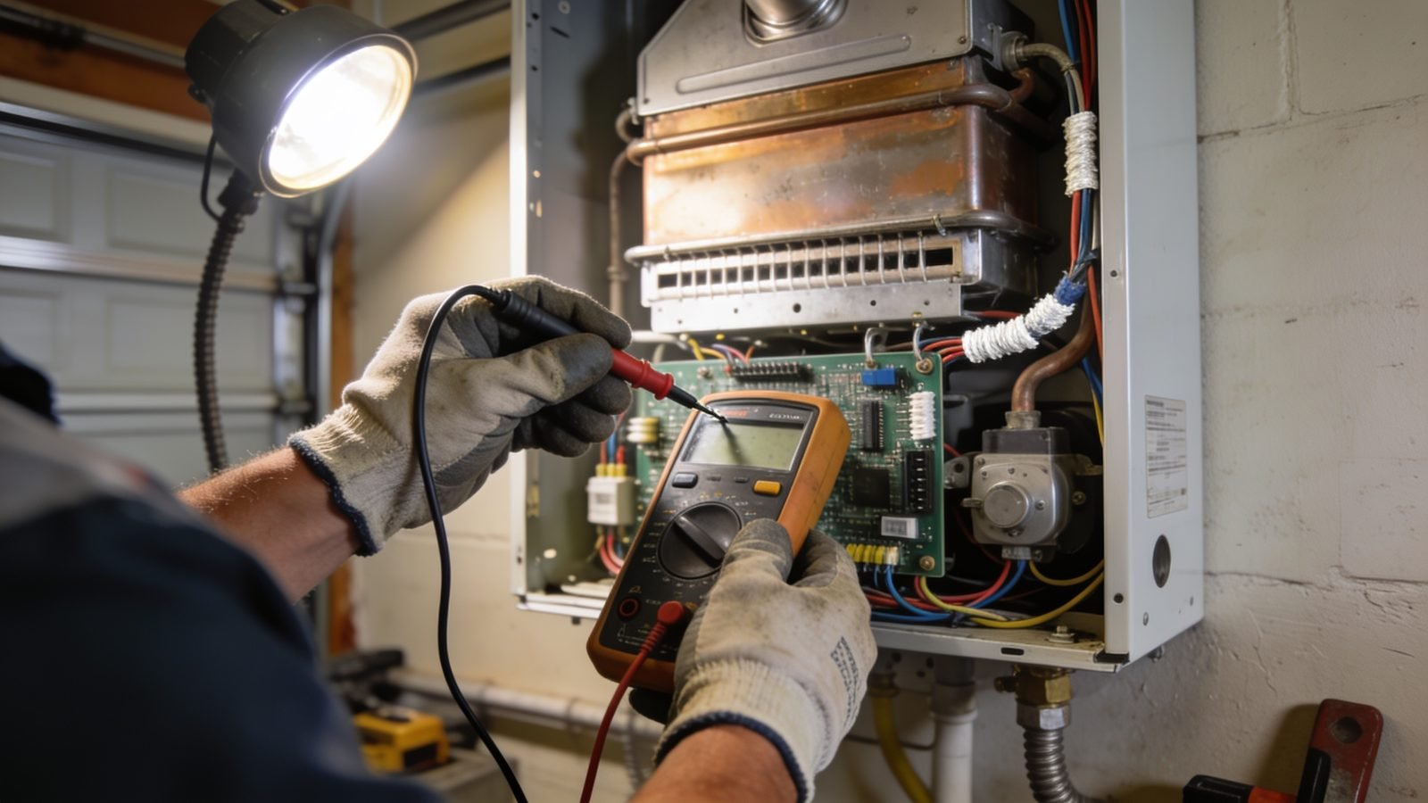Technician testing the control board inside an open tankless water heater cabinet